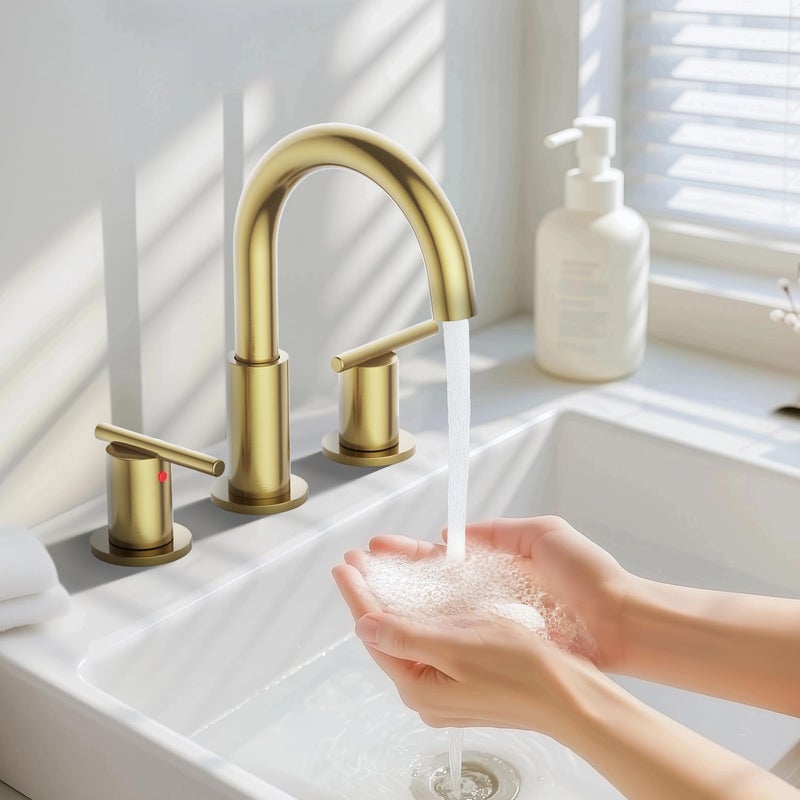 Hurran Bathroom Faucets for 3 Hole Sinks, 8 Inch Brushed Gold Double Handle Bathroom Sink Faucet with 360° Rotating Spout & Pop-Up Drain, Widespread Faucet Suitable for Vanity, RV & Outdoor Sinks - Image 2